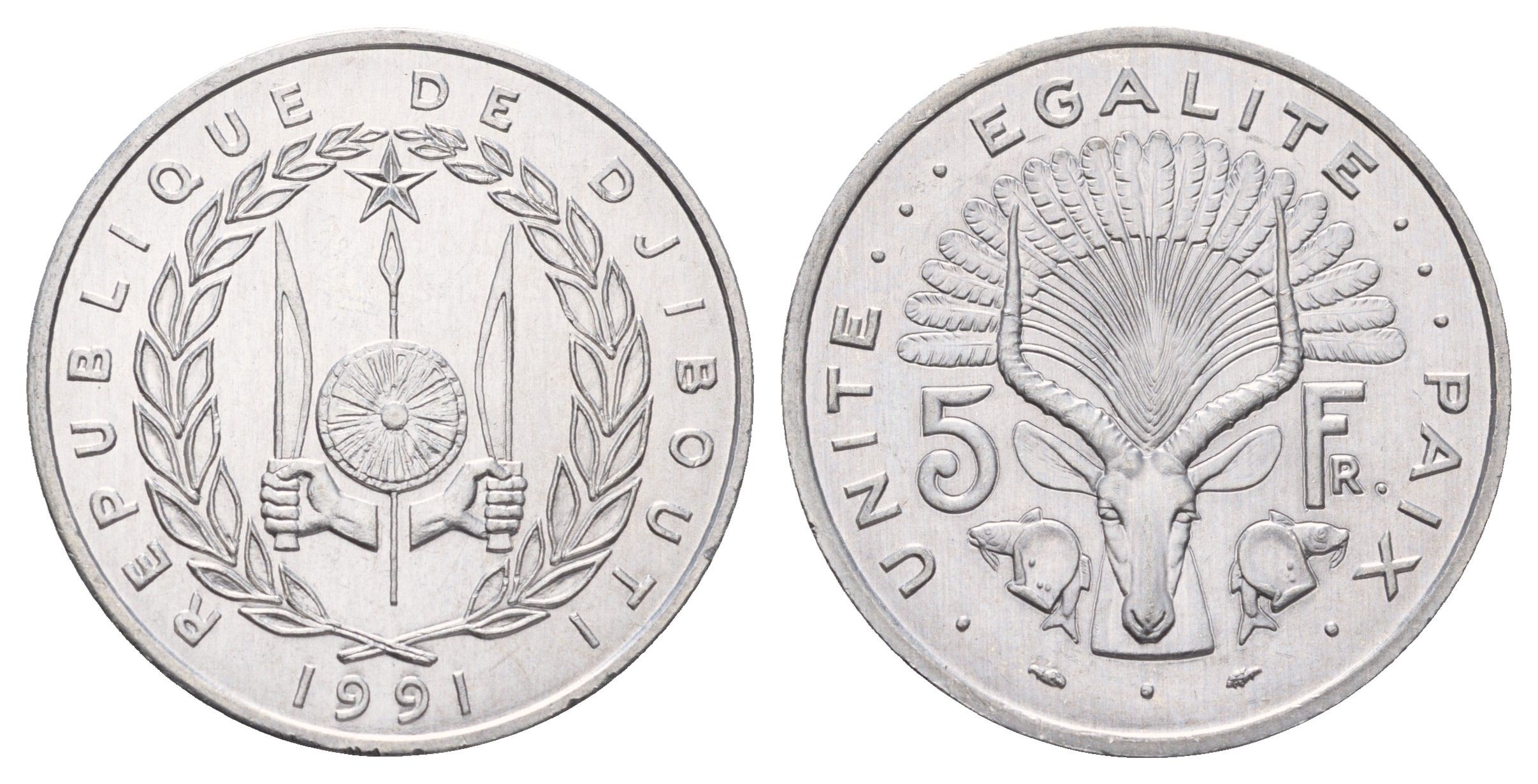 Джибути 5 франков 1991 KM 22 алюминий UNC 4672-135