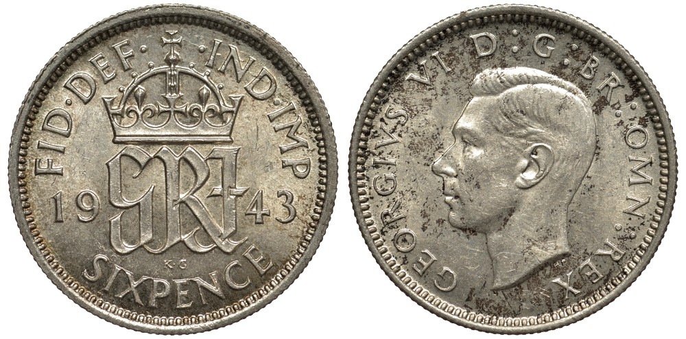 Великобритания 6 пенсов 1943 Георг VI (1936-1952) KM 852, Spink 4084 серебро 186-1012