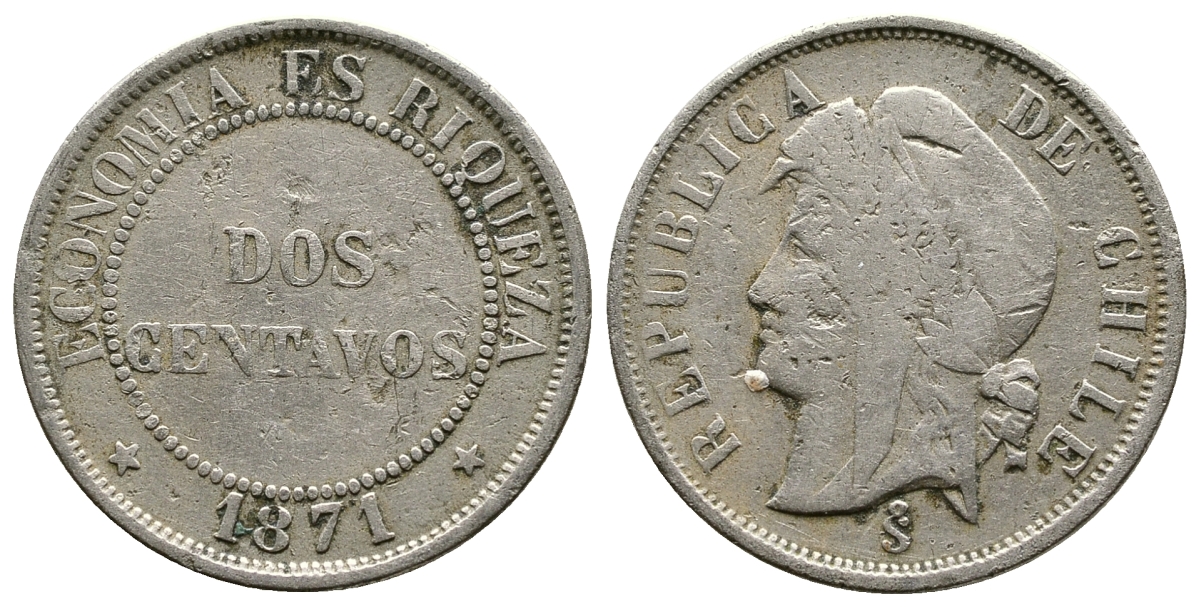 ЧИЛИ 2 СЕНТАВО 1871 KM 147 медно-никель 3334-247