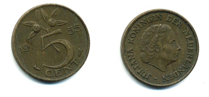 НИДЕРЛАНДЫ 5 ЦЕНТОВ 1955 ЮЛИАНА KM 181 бронза 76-417