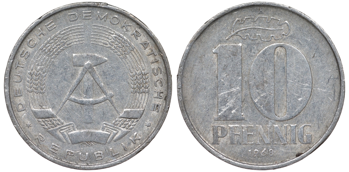 ГДР 10 пфеннигов 1968 A KM 10 алюминий 62-753