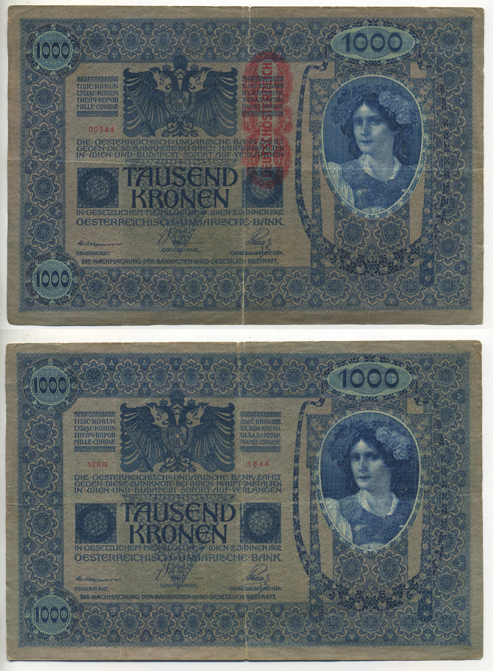 АВСТРИЯ 1000 КРОН 1919 КРАСНАЯ ВЕРТИКАЛЬНАЯ НАДПЕЧАТКА НА 1902 Pick 59 бумага 7553-40-1