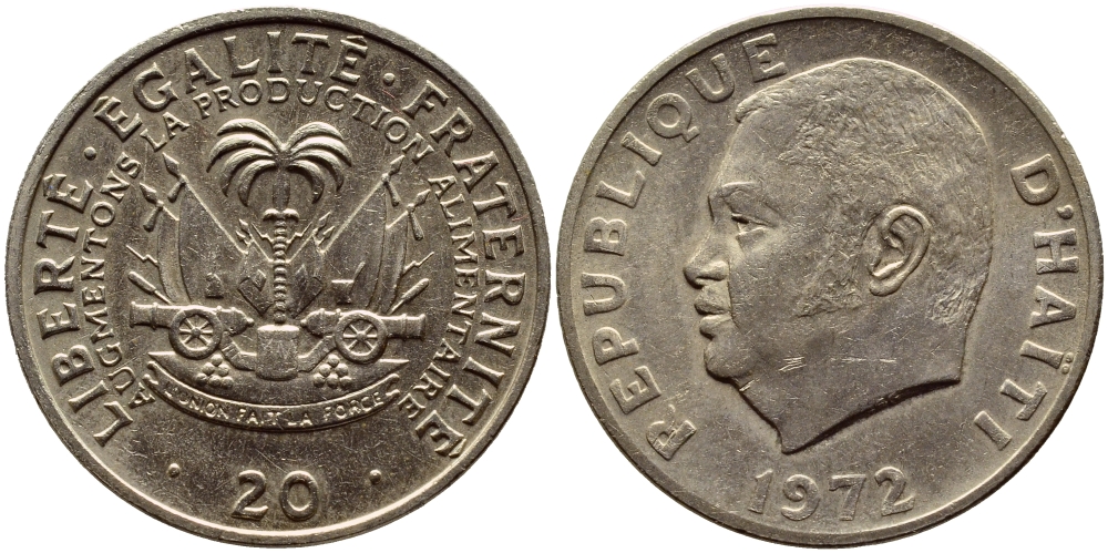 Гаити 20 сантимов 1972 FAO, Президент Жан-Клод Дювалье KM 100 медно-никель 83-1826