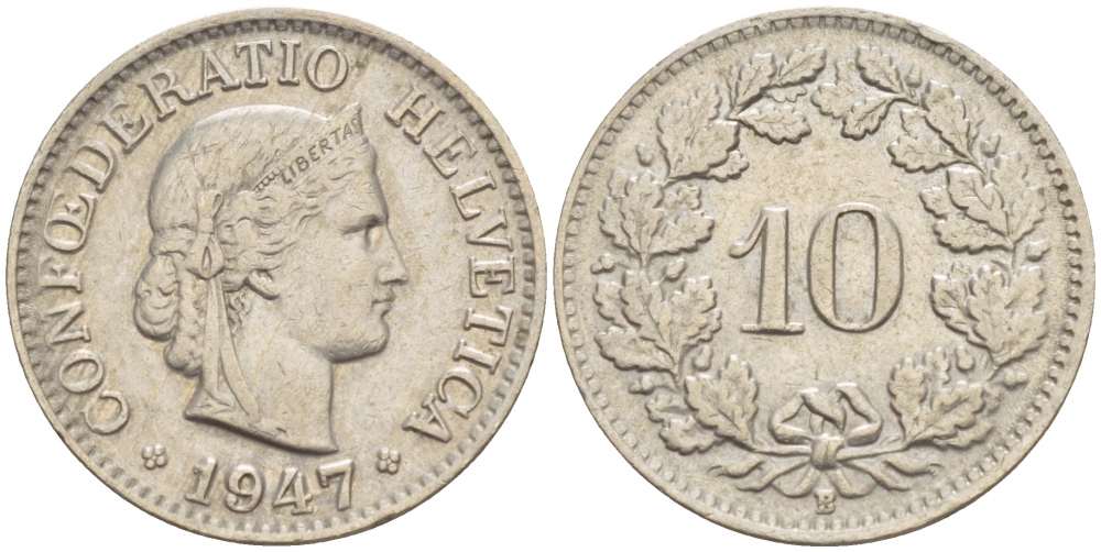 ШВЕЙЦАРИЯ 10 РАППЕНОВ 1947 KM 27 медно-никель 51-137