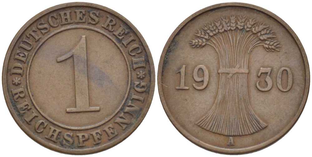 ГЕРМАНИЯ 1 РЕЙХСПФЕННИГ 1930 A KM 37, J. 313, Weege 2 бронза 211-118