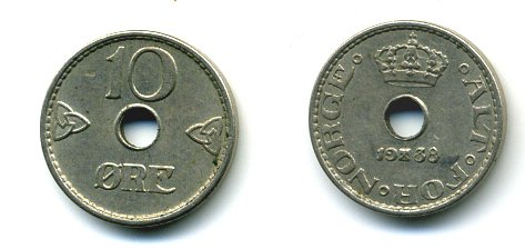 НОРВЕГИЯ 10 ЭРЕ 1938 KM 383 медно-никель 04-1047
