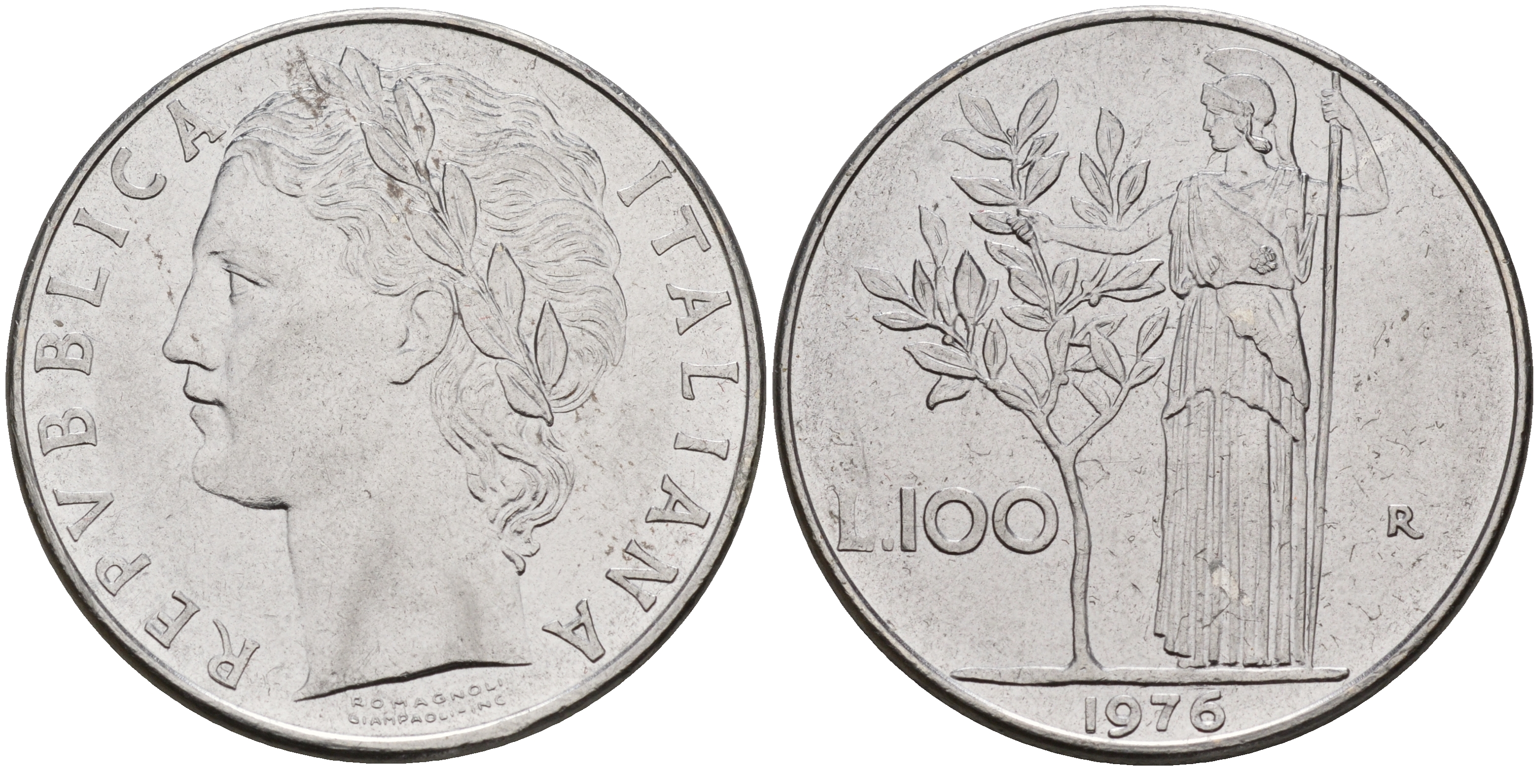 Италия 100 лир 1976 R, Афина KM 96.1 сталь    4149-342