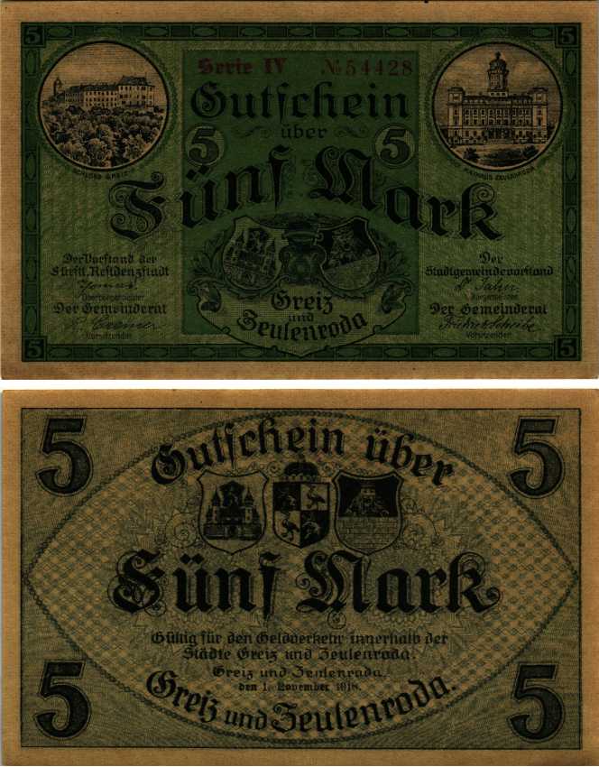 ГРАЙЦ И ЦОЙЛЕНРОДА 5 МАРОК 1918 НОТГЕЛЬД, 1 НОЯБРЯ 1918, СЕРИЯ IV бумага аUNC 6352-49-2-2