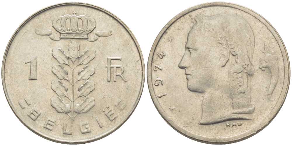 БЕЛЬГИЯ 1 ФРАНК 1974 BELGIE, БОДУЭН I (1951-1993) KM 143.1 медно-никель 119-632