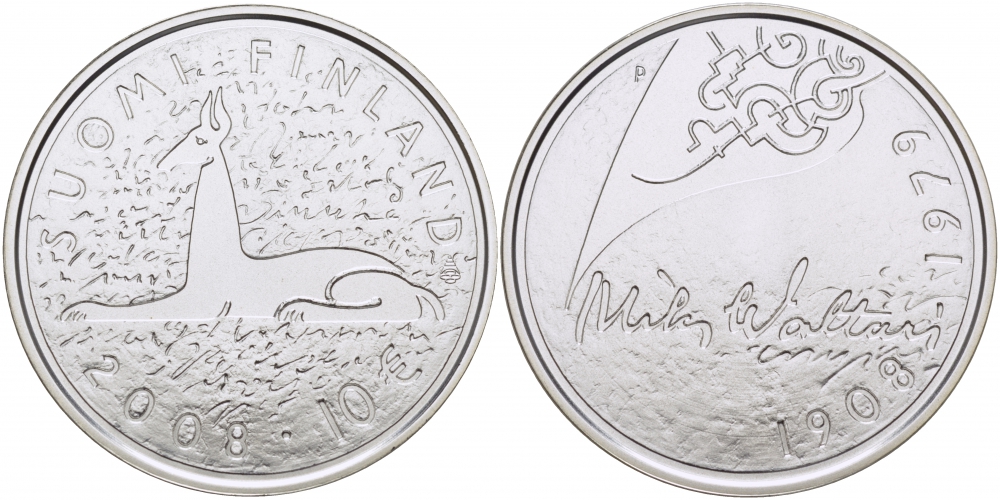 Финляндия 10 евро 2008 Мика Валтари, писатель KM 142 серебро  UNC 1077-8-23  1077-8-23