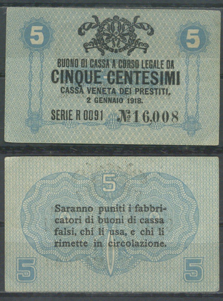 Италия 5 чентезимо 1918 	Венецианский ссудный банк Pick M1 бумага aUNC 7554-4-3-2