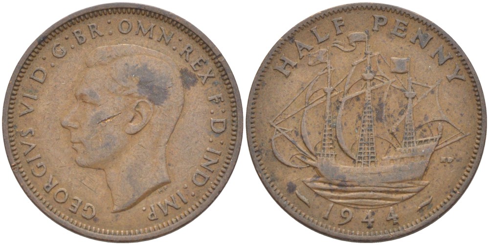 Великобритания 1/2 пенни 1944 Георг VI (1936-1952) KM 844, Spink 4115 бронза 59-1445