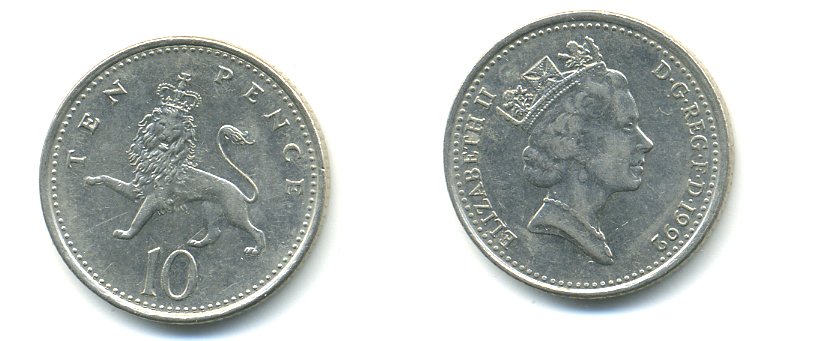 Великобритания 10 пенсов 1992 Елизавета II (1952-2022) KM 938b, Spink 4367 (F4) медно-никель 59-524