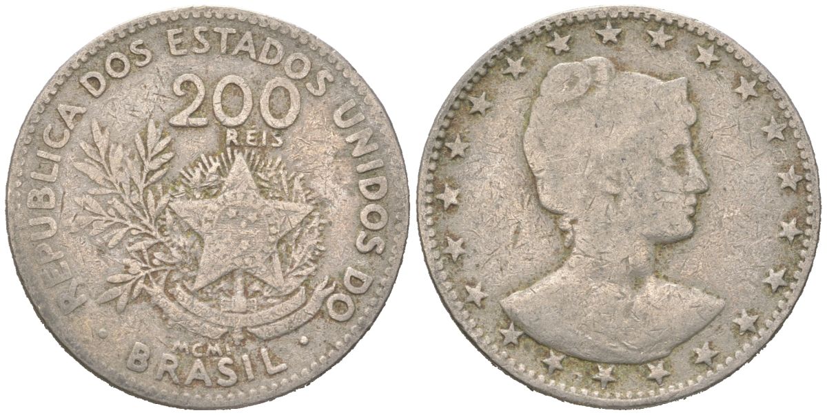 Бразилия 200 реалов 1901 MCMI, голова свободы вправо KM 504 медно-никель 4612-352