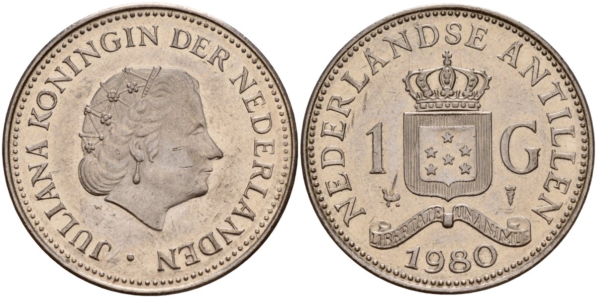 Нидерландские Антилы 1 гульден 1980 Беатрикс (1980-2013) KM 12 никель 4140-212