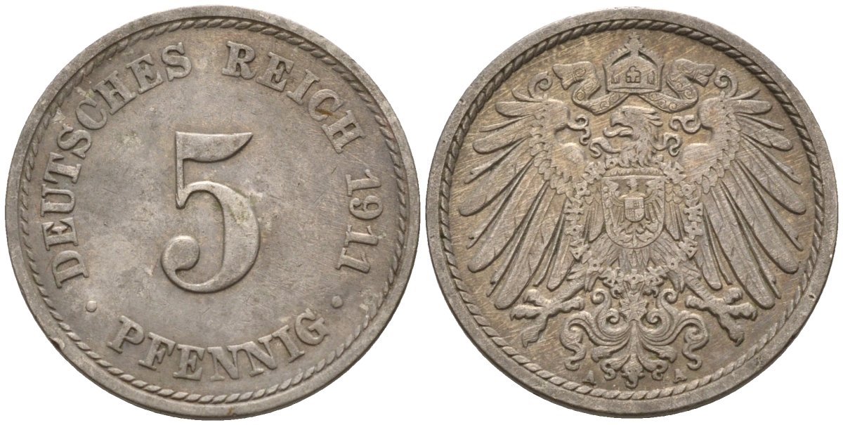 Германия 5 пфеннигов 1911 A KM 11, J. 12, Weege 6 медно-никель 4151-524