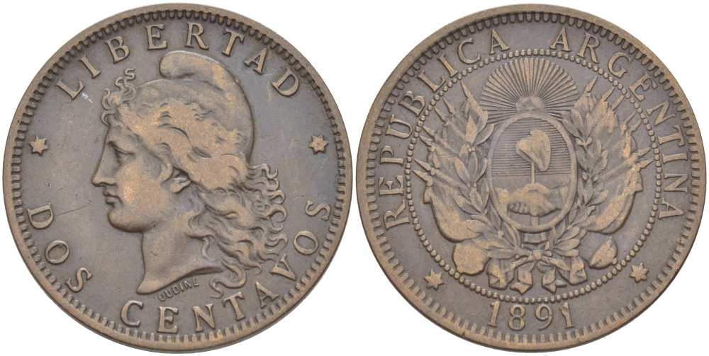 Аргентина 2 сентаво 1891 голова свободы влево KM 8 бронза 4512-733