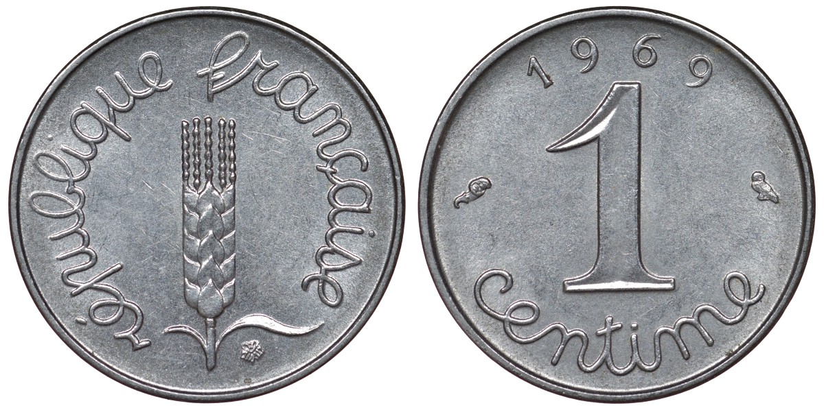 Франция 1 сантим 1969 пятая республика KM 928, Le Franc 106.18 нержавеющая сталь 4124-423