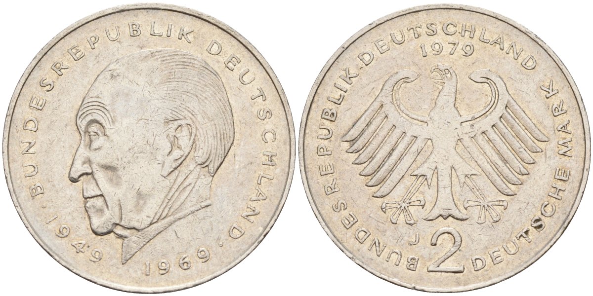 ФРГ 2 марки 1979 J, Конрад Аденауэр, 20 лет Федеративной Республике (1949-1969) KM 124, J. 406 медно-никель плакированный никелем 4137-436