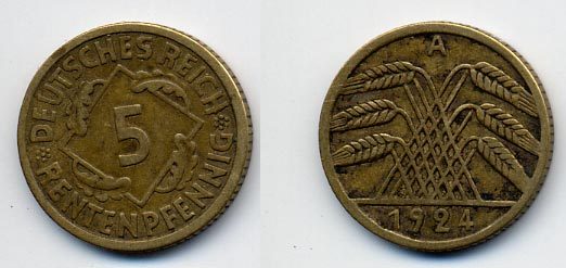 ГЕРМАНИЯ 5 РЕНТЕНПФЕННИГОВ 1924 A, KM 32, J. 308 алюминиевая бронза 35-1253