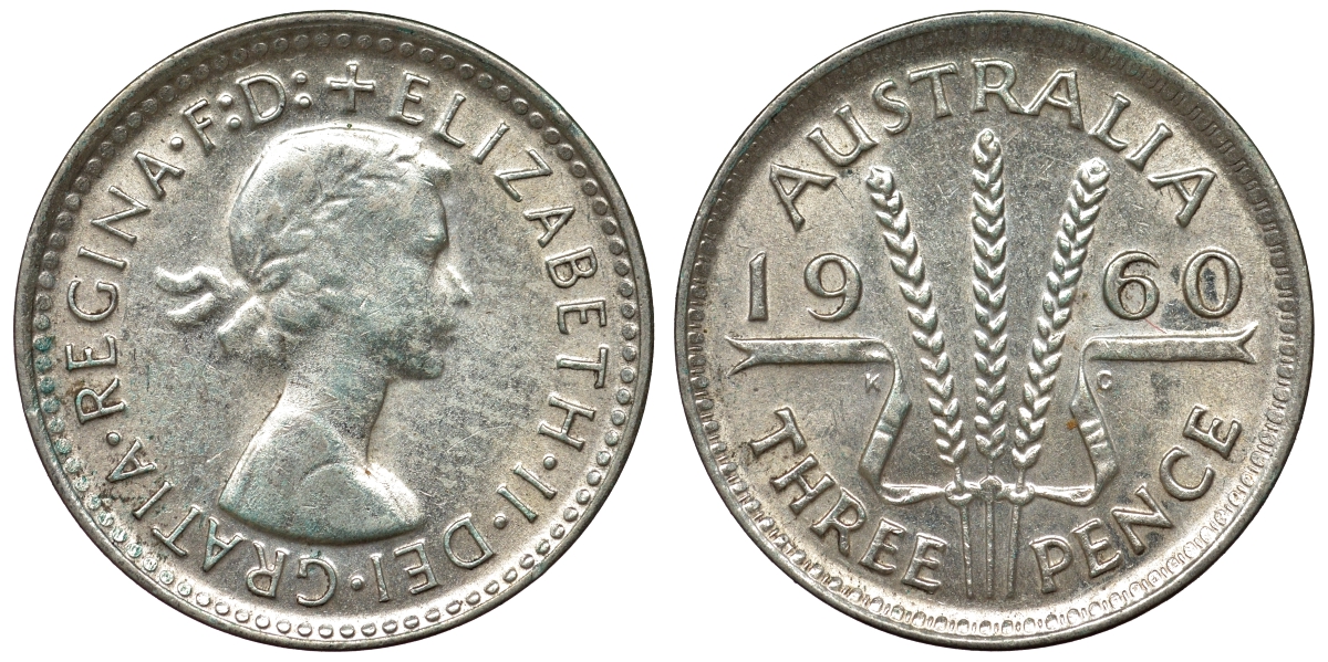 Австралия 3 пенса 1960 m, Елизавета II (1952-2022) KM 57 серебро 71-641