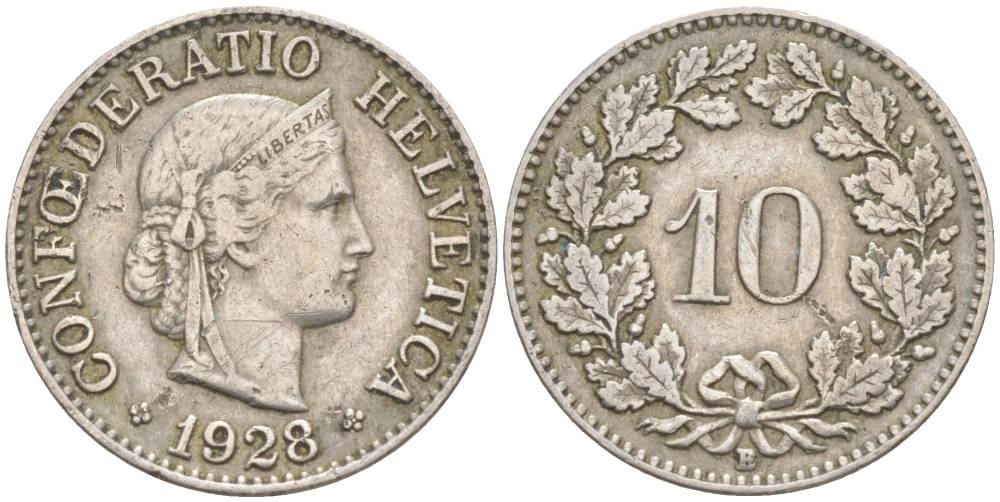 Швейцария 10 раппенов 1928 B KM 27 медно-никель     3309-417