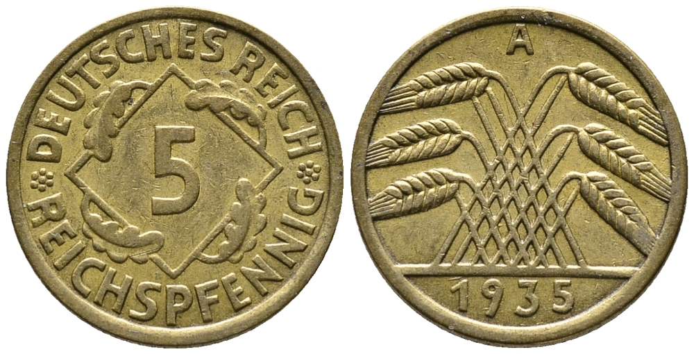 ГЕРМАНИЯ 5 РЕЙХСПФЕННИГОВ 1935 A KM 39, J. 316 алюминиевая бронза 39-568