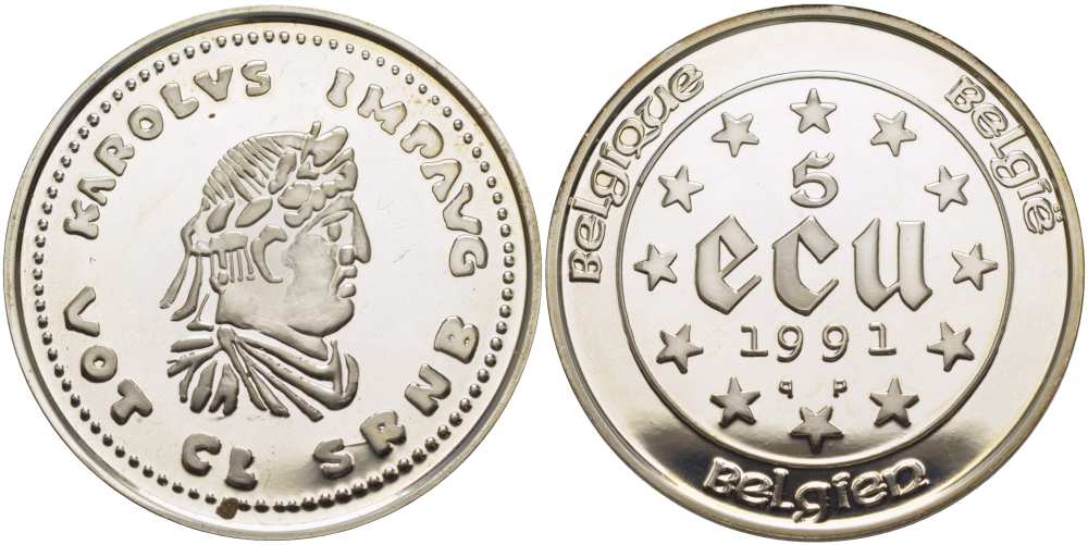 Бельгия 5 экю 1991 Карл Великий KM 183 серебро PROOF 11-057-33