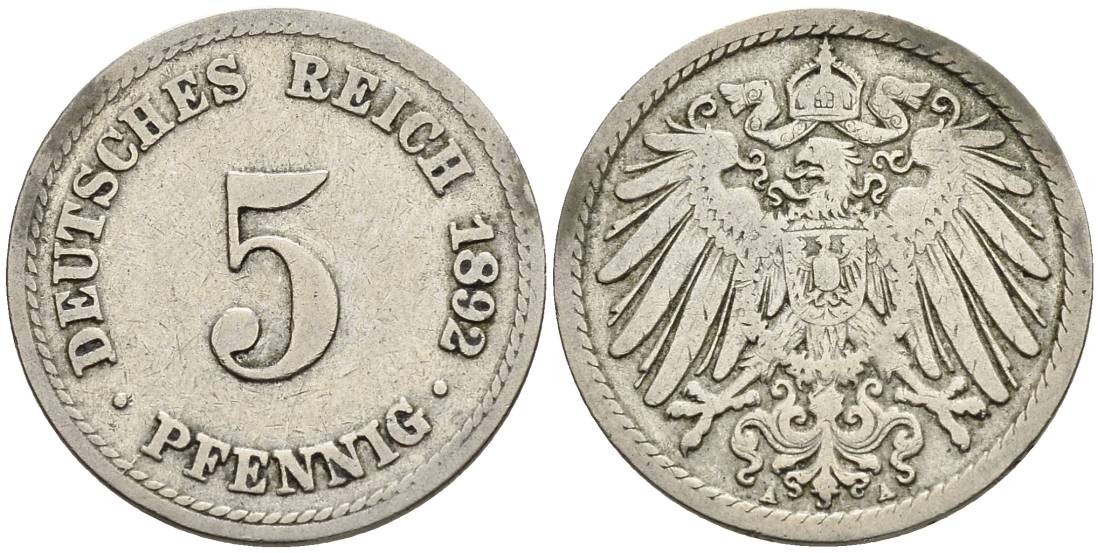 ГЕРМАНИЯ 5 ПФЕННИГОВ 1892 A KM 11, Jager 12, Weege 6 медно-никель 4547-327
