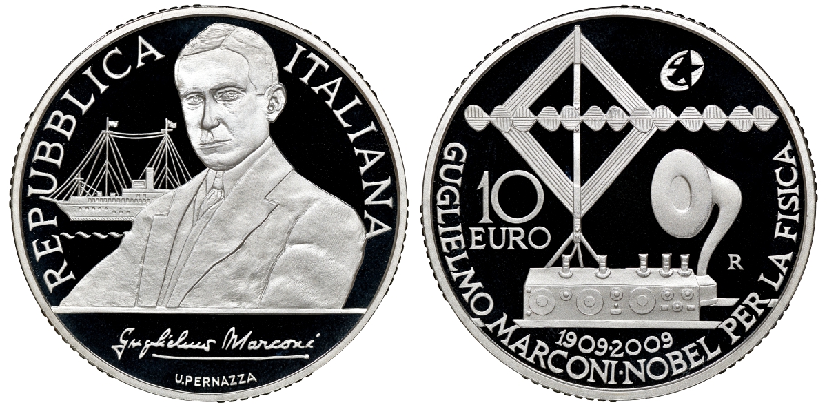 Италия 10 евро 2009 100 лет со дня вручения нобелевской премии Гильермо Маркони, изобретатель радио, в оригинальной коробочке, с сертификатом KM 317 серебро PROOF 4-3-4-20