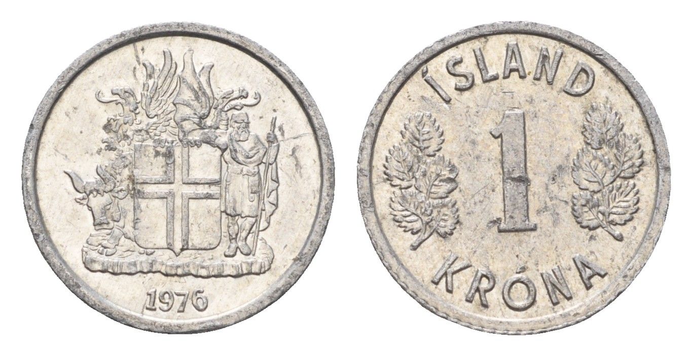 Исландия 1 крона 1976 KM 23 алюминий UNC 4687-765
