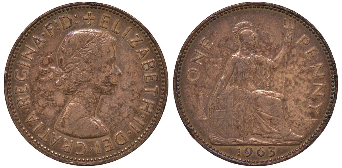 Великобритания 1 пенни 1963 Елизавета II (1952-2022) KM 897, Spink 4157 бронза 4131-511