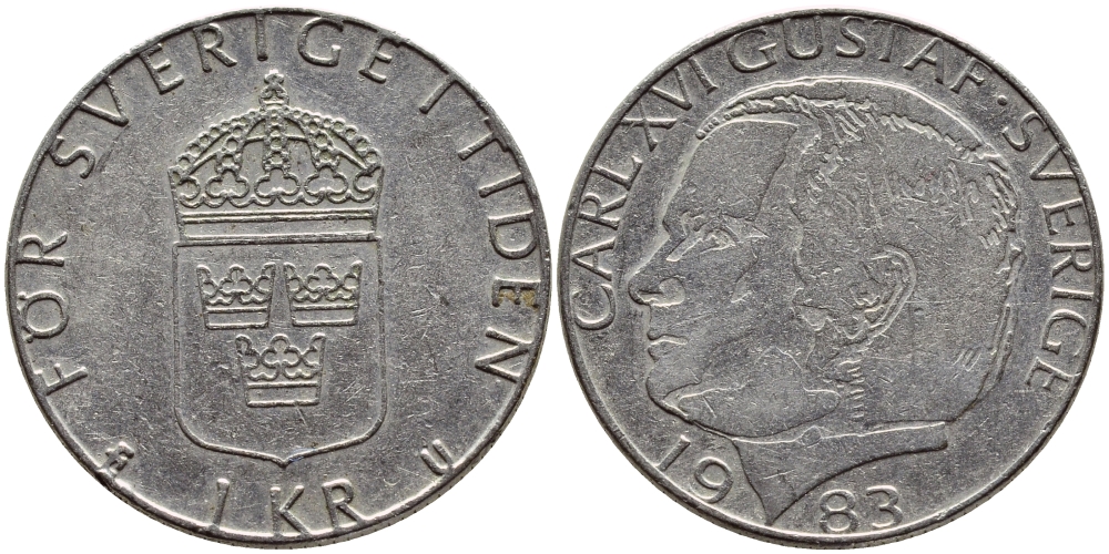 Швеция 1 крона 1983 Карл XVI Густав (1973- ) KM 852a медно-никель 4397-1127