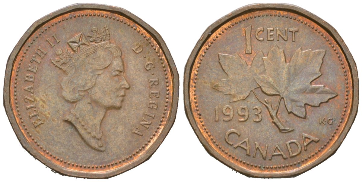 Канада 1 цент 1993 Елизавета II (1952-2022), кленовый лист KM 181 бронза 4383-455