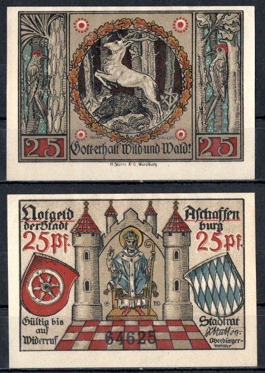 Ашаффенбург (Бавария) 25 пфеннигов 1920 Mehl Grabowski A28.6b бумага UNC (пресс) 7556-41-1-1