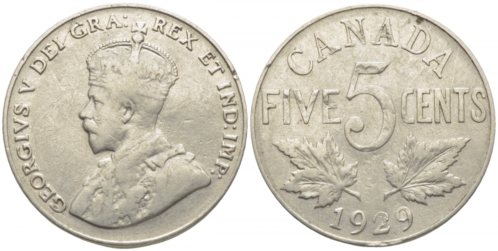 КАНАДА 5 ЦЕНТОВ 1929 ГЕОРГ V KM 29 никель 3856-645