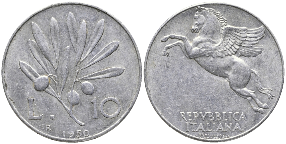 ИТАЛИЯ 10 ЛИР 1950 R, ПЕГАС KM 90 алюминий 32-943