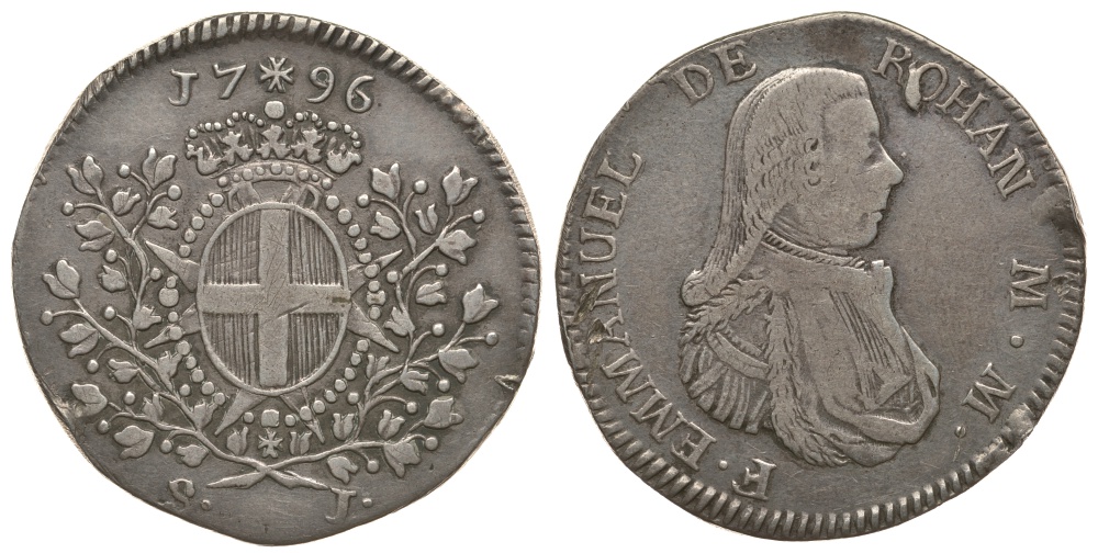 Мальтийский орден Святого Иоанна Иерусалимского 1 скудо 1796 Эммануэль де Роган-Полдю (1775-1797) KM 342 (C48), R/S 48 серебро 00-811-28