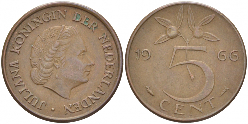 НИДЕРЛАНДЫ 5 ЦЕНТОВ 1966 ЮЛИАНА KM 181 бронза 214-649