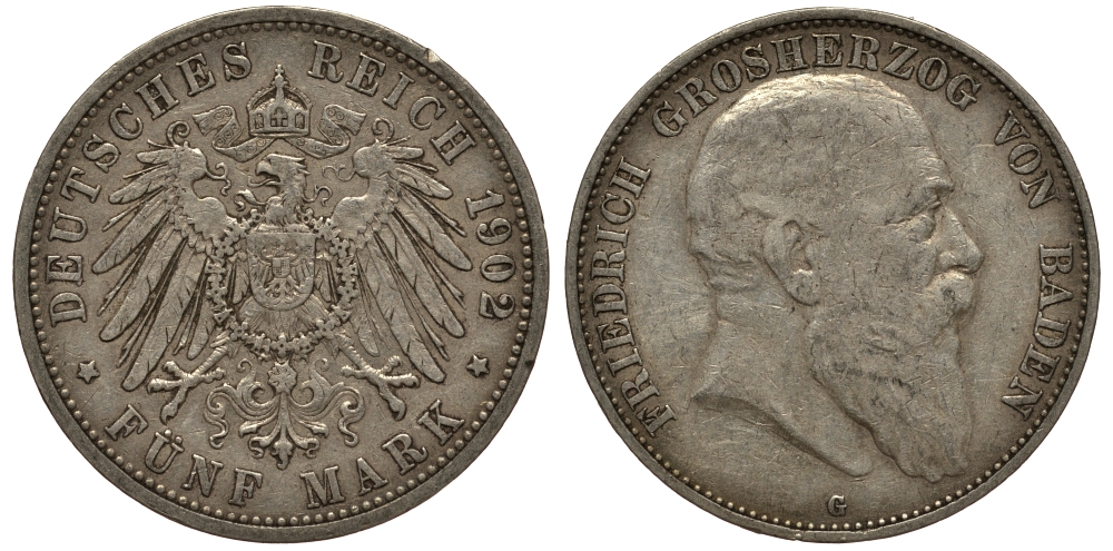 Баден 5 марок 1902 G, Фридрих I (1856-1907) Weege 31, J. 33, KM 274 серебро    3711-1613