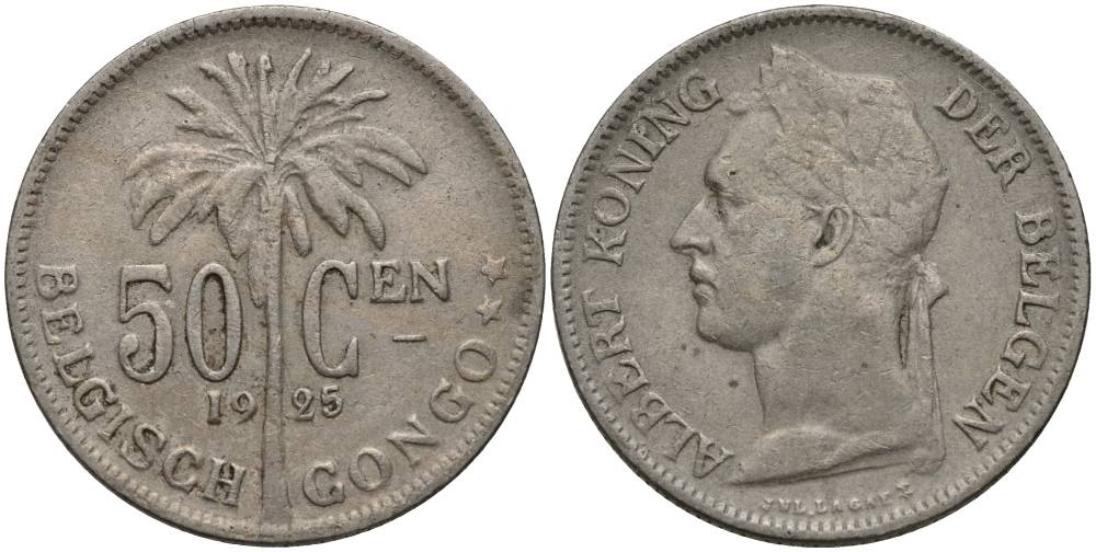 Бельгийское Конго 50 сантимов 1925 пальма KM 22 медно-никель 27-1135