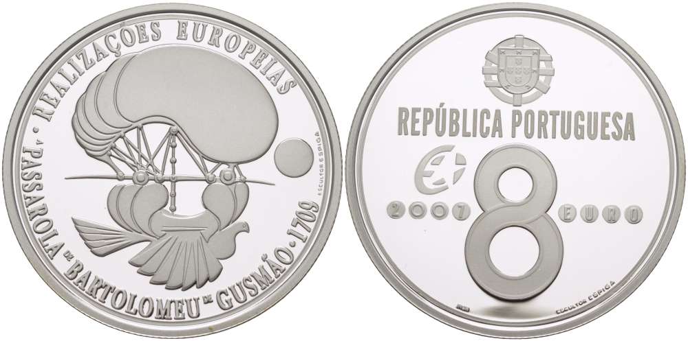 Португалия 8 евро 2007 INCM, Ранние летательные аппараты - Passarola Бартоломеу де Гусмана KM 822a серебро  PROOF 02-087-24