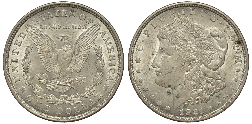 США 1 доллар 1921 S, Морган доллар KM 110 серебро aUNC 413-341