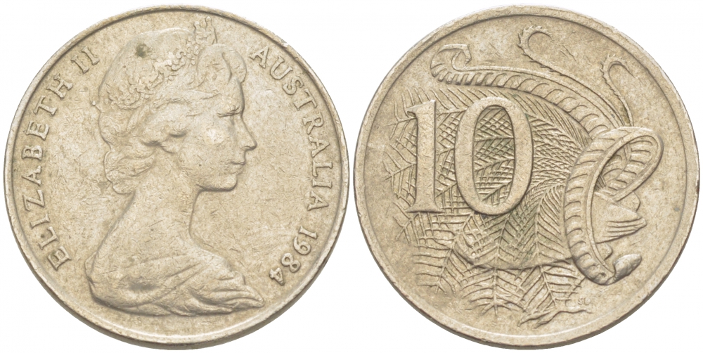 Австралия 10 центов 1984 Елизавета II (1952-), птица лирахвост KM 65 медно-никель 3457-653