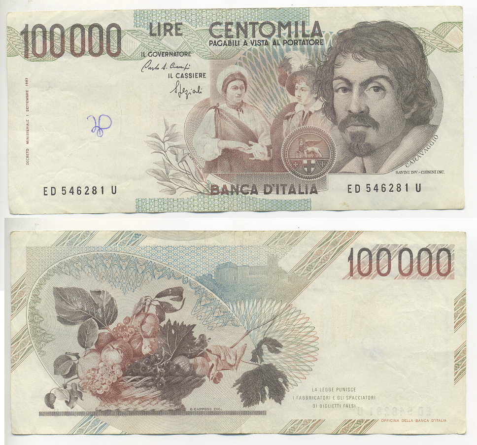 Италия 100000 лир 1983 Караваджо, фруктовый букет, подпись Stevani Pick 110а бумага 7220-2-2