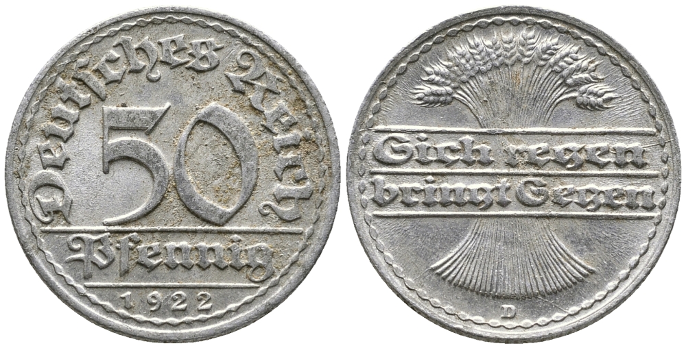 ГЕРМАНИЯ 50 ПФЕННИГОВ 1922 D KM 27, J. 301 алюминий 24-1052