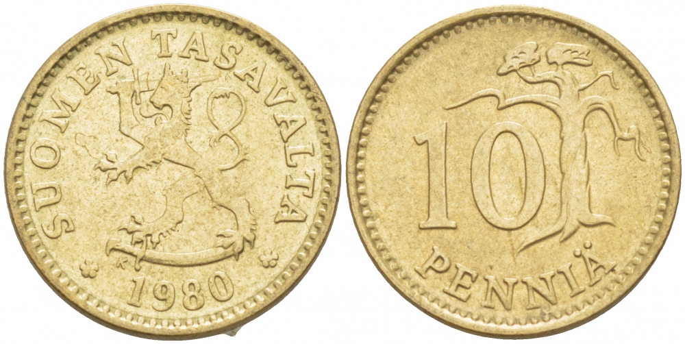 ФИНЛЯНДИЯ 10 ПЕННИ 1980 K KM 46 алюминиевая бронза 3718-136