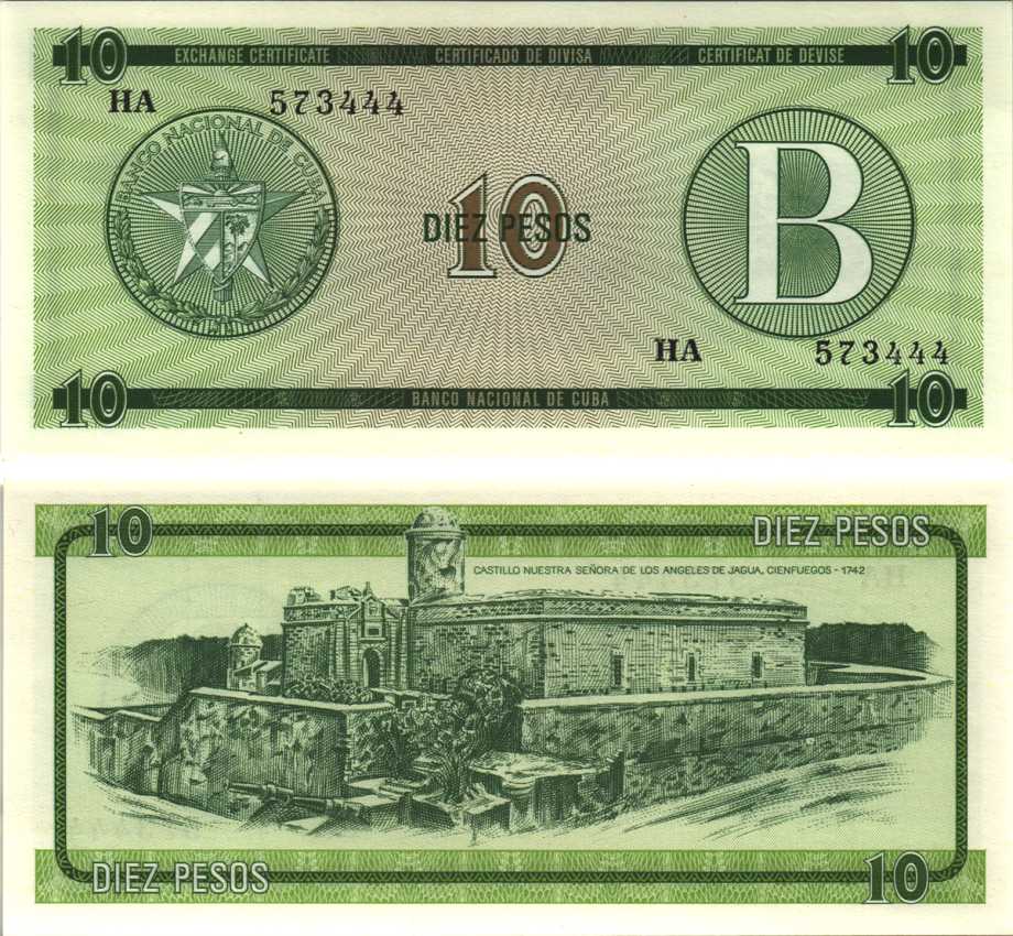 Куба, валютный сертификат 10 песо ND (1985) серия B, зеленая Pick FX 8 бумага UNC (пресс) 7191-39-2-1