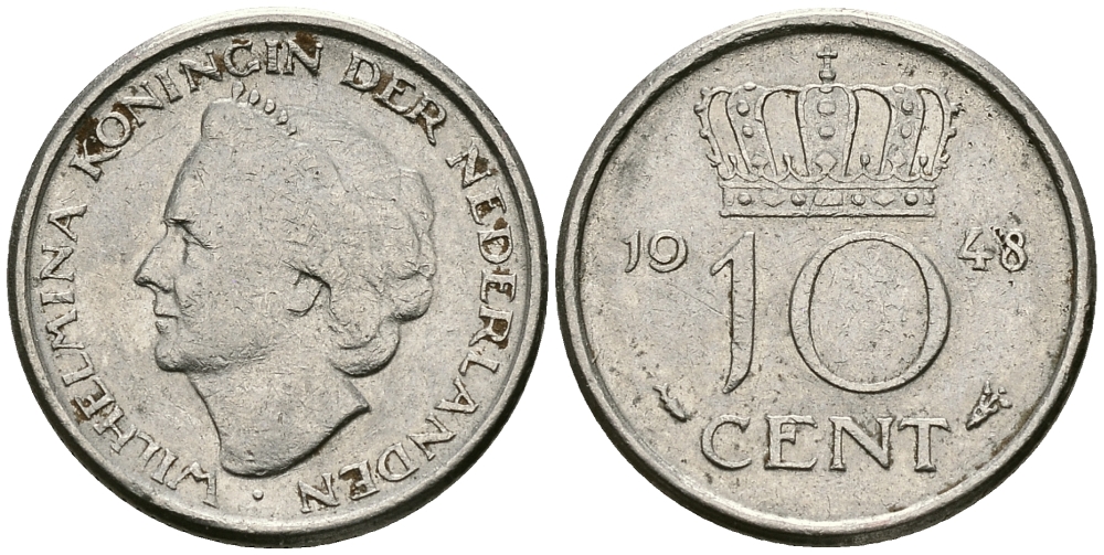 Нидерланды 10 центов 1948 Вильгельмина (1895-1948) KM 177 никель 96-527