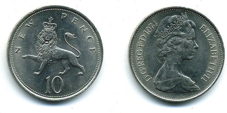 Великобритания 10 пенсов 1974 Елизавета II (1952-2022) KM 912, Spink 4231 (F1) медно-никель  4110-1341